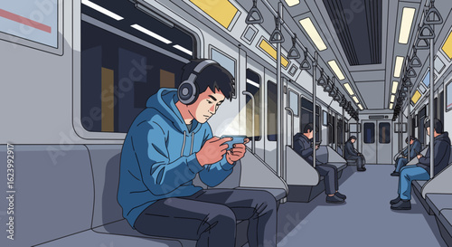 Cartoon on a train with people glued to devices Modern solitary transit
