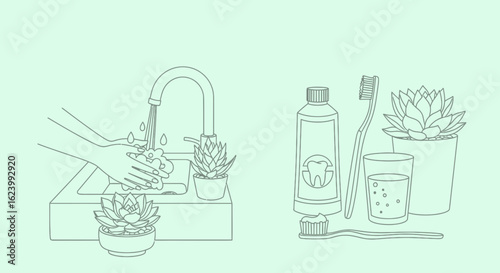 Minimalist Illustration Of Hand Washing And Oral Hygiene Routine Essentials
