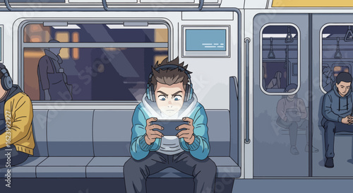 Cartoon Teen wearing headphones playing phone game on subway Light reflects on face Passengers present