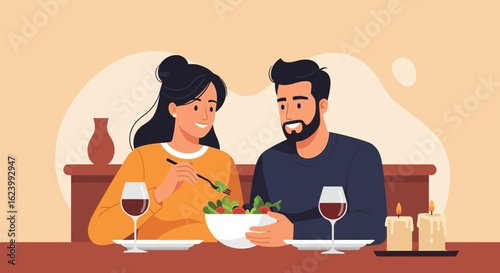 Romantic Dinner With Salad And Wine During Candlelight at Home