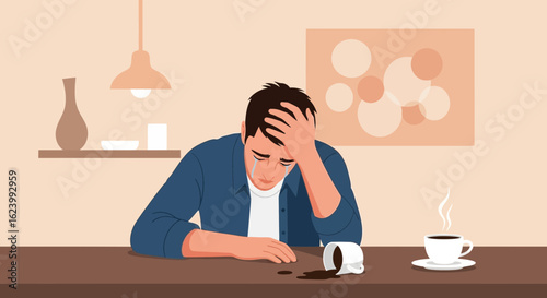 Miserable Man Suffering From Anxiety After Spilling Coffee On The Table