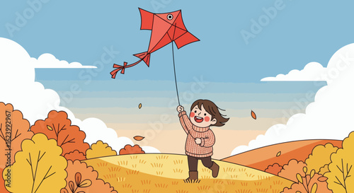 Child with a kite autumn scene with trees  hills