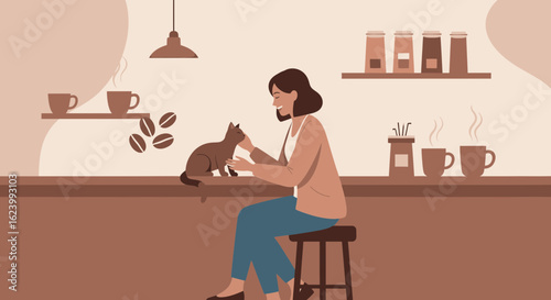 Morning Cuddles With a Kitten at Home and a Cup of Coffee Nearby