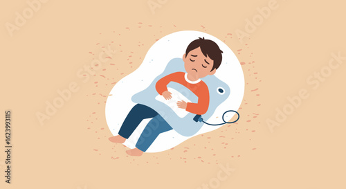 Sad Boy With Heated Pad Suffering From Stomach Ache Lying on the Floor
