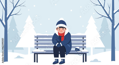 Sad Boy Sitting Alone On A Bench On Snowy Winter Landscape