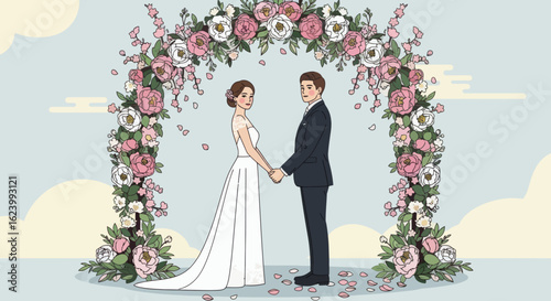 Couple at altar with pink  white flowers Bride in white dress  groom in dark suit hold hands