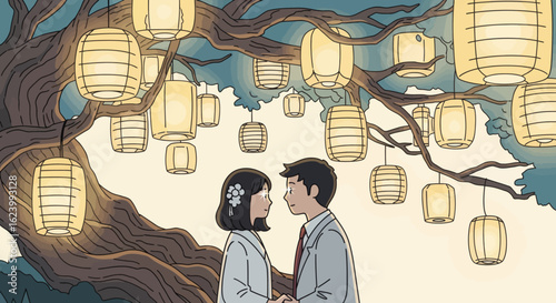 Couple under tree with lanterns facing each other in a cartoonstyle illustration