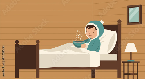Sad Child Feeling Sick, Staying in Bed with Hot Drink in a Bowl