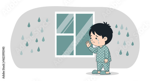 Sad Child Looks Out The Window On A Rainy Day Cartoon Illustration