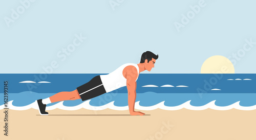 Morning Fitness Man Doing Pushups On The Sandy Shore At Sunrise