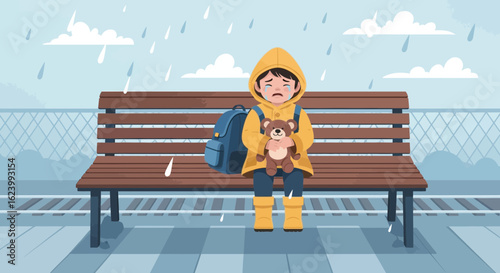 Sad Little Boy Crying On Bench In The Rain With Teddy Bear Friend