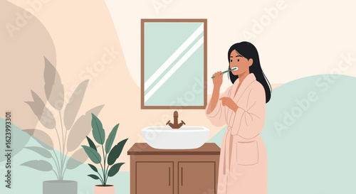Morning Routine Young Woman Brushing Her Teeth In A Minimalist Bathroom