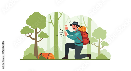 Scared Hiker Encountering Wildlife Unexpected Danger During Forest Adventure