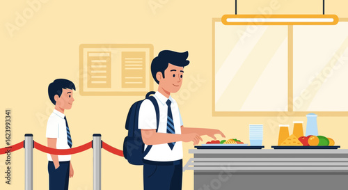 Schoolboys In Uniform Choosing Lunch In School Cafeteria Self Service