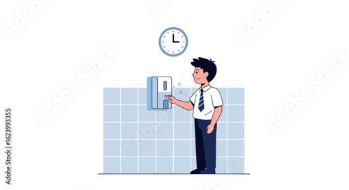 Schoolboy Washes Hands In A Bathroom, With Clock On The Wall