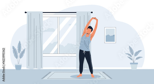 Morning Stretch Routine Home Fitness And Wellness Lifestyle Concept
