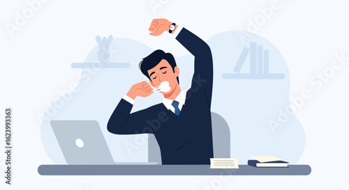 Morning Stretch At The Office Of An Employee Stretches After Waking Up