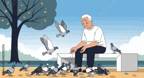 Elderly man on park bench surrounded by pigeons eating crumbs