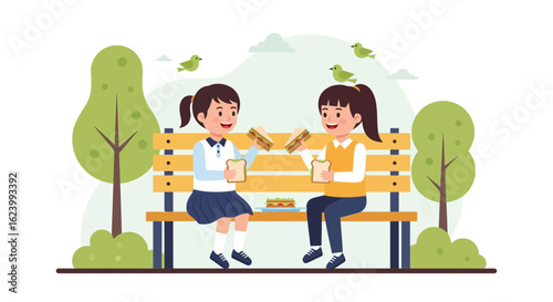 Schoolgirls Enjoying Sandwiches on a Park Bench Under Soaring Birds