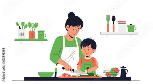 Mother And Son Preparing Healthy Food Together In The Kitchen