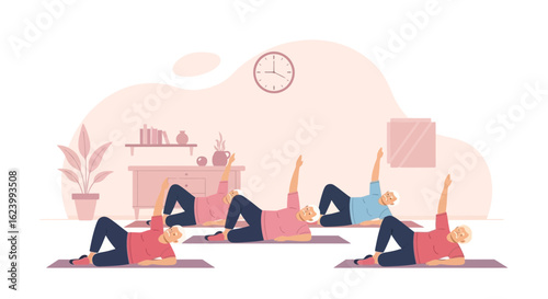 Senior Ladies Exercising Together in a Bright Living Room At Home