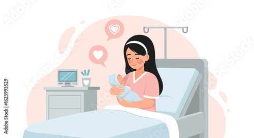 New Mother Bonding With Newborn In Hospital Postpartum Care Illustration