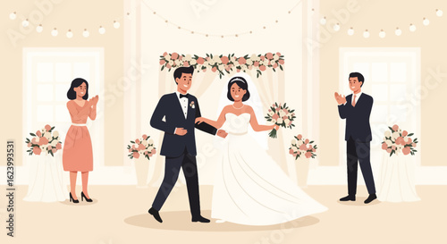 Newlyweds Joyful Entrance After Exchanging Vows Celebrated by Friends and Family
