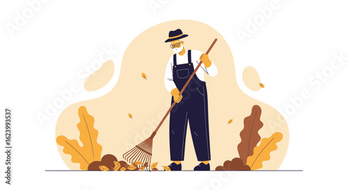 Senior Man Raking Leaves In Autumn Illustration For Seasonal Content Creation