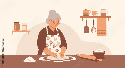 Senior Woman Baking Flat Illustration Preparing Dough At Home Kitchen