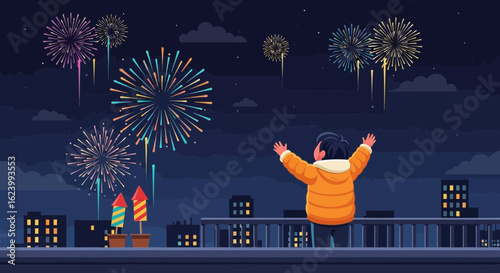 Nighttime Fireworks Display Above The City Skyline With Child Celebrating