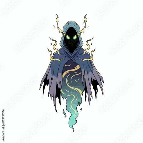 Floating hooded figure with a tattered cloak bright green eyes and wispy spectral form