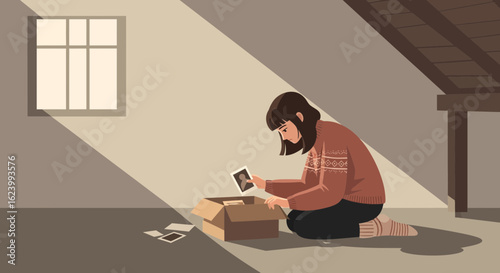 Nostalgic Woman Reminiscing Old Memories While Looking At Vintage Photographs