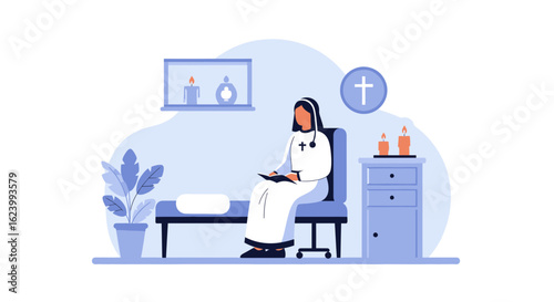 Nun Reading Spiritual Texts In Her Room With Religious Atmosphere Setting