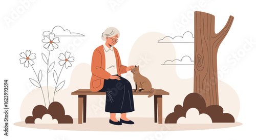 Senior Woman Sitting On a Park Bench Petting Her Cat Graphic Resources