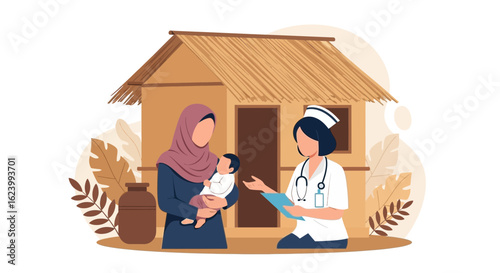 Nurse Visiting Mother And Infant In A Rural Community Setting With House