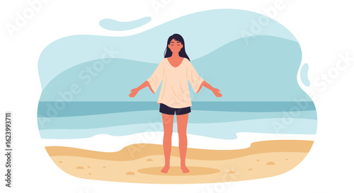 Serene Woman Practicing Mindfulness on Peaceful Beach Shores Vector Illustration