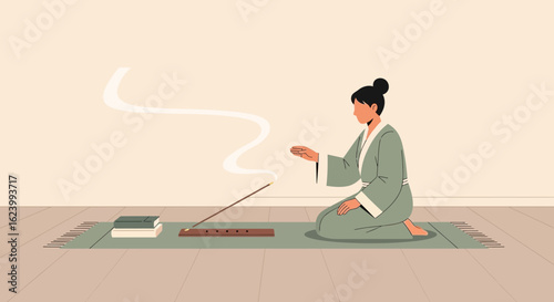 Serene Woman Meditating With Incense In Minimalist Room For Mental Clarity