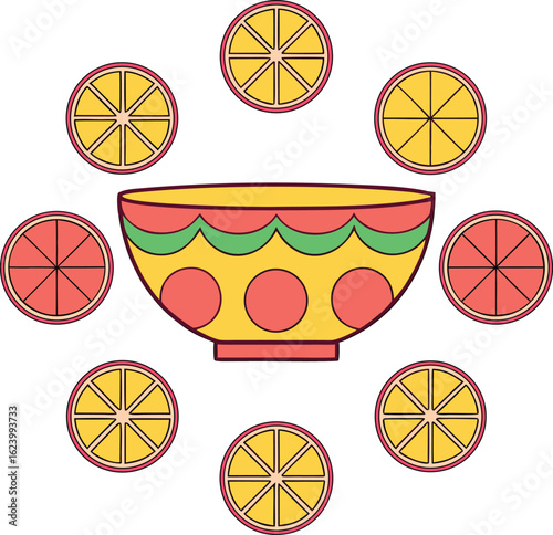 Vector flat lay of a colourful punch bowl flanked.