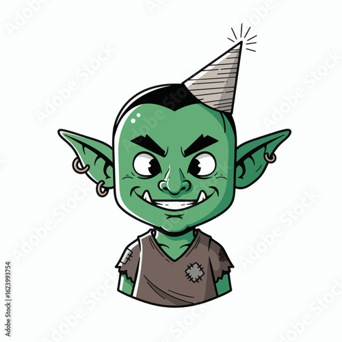 Green goblin with party hat smiles revealing fangs He wears a brown tunic and earrings