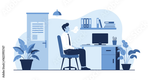 Office Worker Practices Diaphragmatic Breathing For Stress Relief In Serene Environment