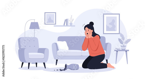 Shocked Young Woman Reacts To Accident In The Living Room Illustration