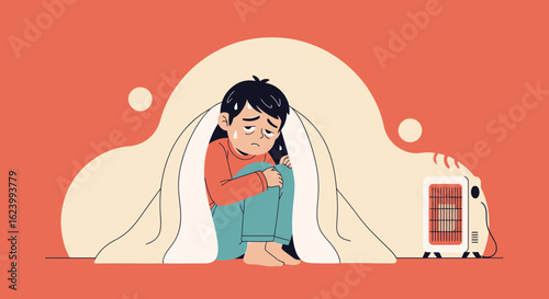 Shivering Child Wrapped In Blanket Near Heater Experiencing Winter Season