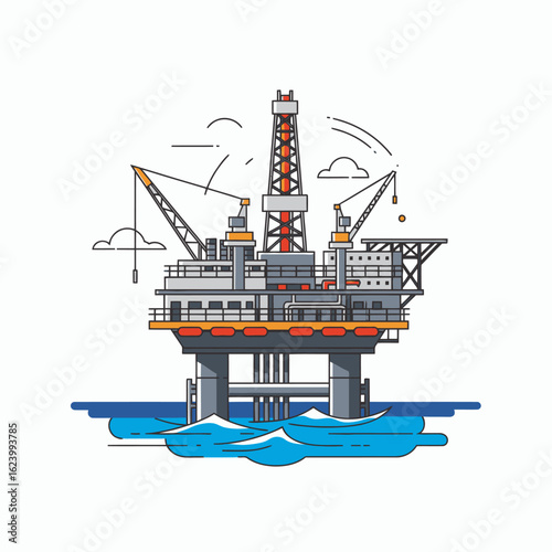 Illustrated offshore oil rig platform in blue water with a derrick and cranes against a white backdrop