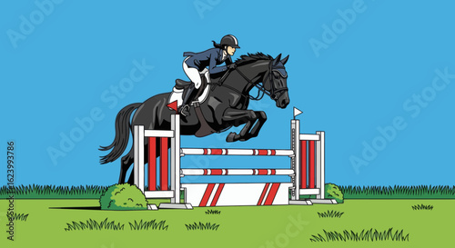 Horse  rider jumping hurdle blue sky backdrop