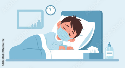 Sick Boy Wearing Face Mask Asleep In Bed During Seasonal Virus Protection