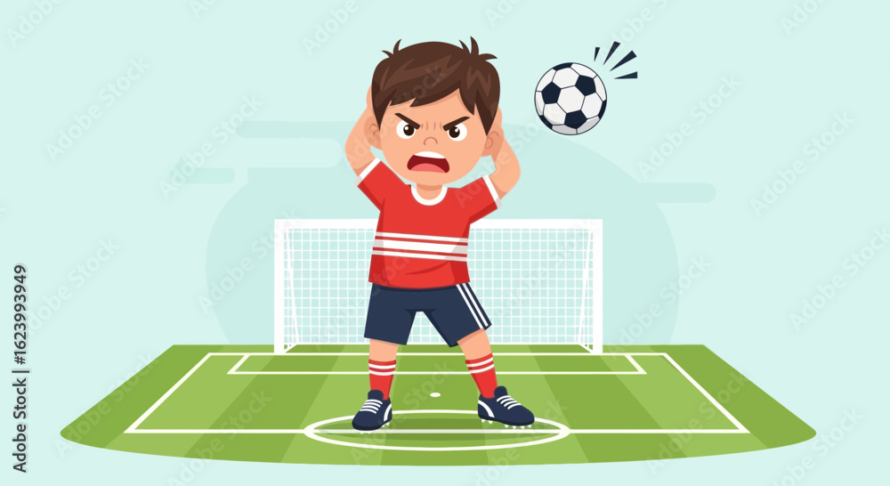 Fototapeta premium Soccer Mishap Frustration A Boy's Reaction To An Unpleasant Soccer Moment