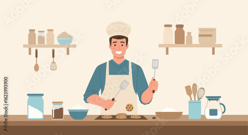 Smiling Chef Baking Cookies at Home in a Cozy Kitchen Setting
