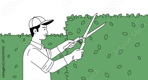 Smiling Gardener Trimming A Bush With Large Hedge Clippers In The Garden
