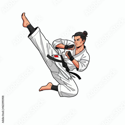 Karateka executes a high kick in midair wearing a white uniform and black belt