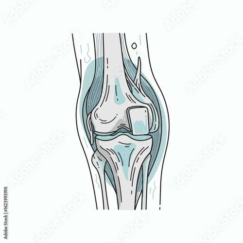 Knee illustration with bone cartilage and implant visible in a medical style